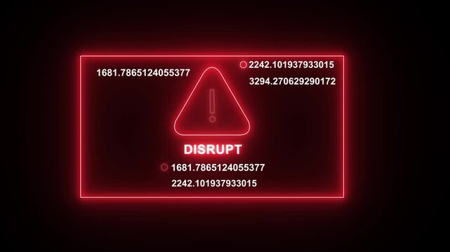 Cybersecurity alert warning screen featuring a glowing red neon warning triangle and rapidly changing digital data numerical code sequences representing a system disrupt or critical network error