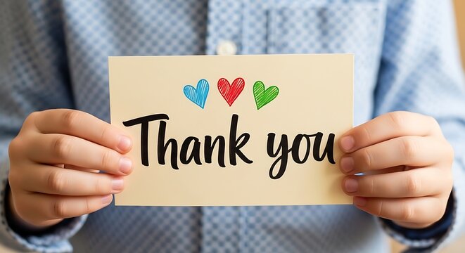 Child holding a thank you card with colorful hearts and handwritten lettering appreciation concept