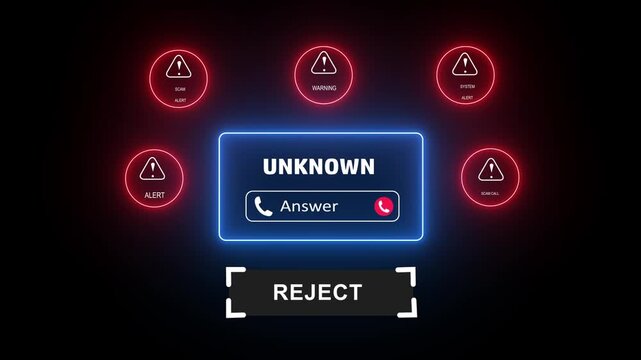 Digital cyber security interface featuring an unknown incoming call notification with glowing red warning alert and reject button overlay for advanced technological surveillance and data privacy