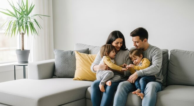 Heartwarming family photo of parents with two young children on the sofa