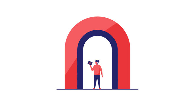 Person standing inside giant colorful magnet arch illustration.