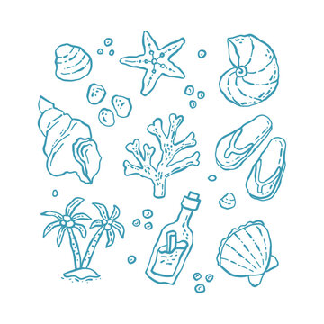 Marine summer set sea shells starfish collection. Beach underwater elements. Hand drawn vector illustration in simple naive style