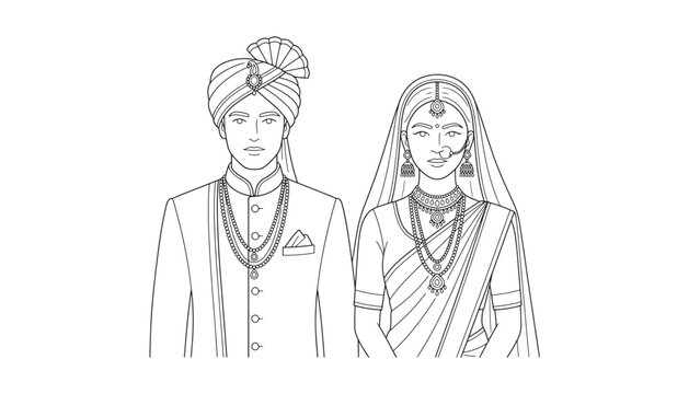 Indian Bride and Groom in Traditional Wedding Attire Line Art Illustration for Coloring