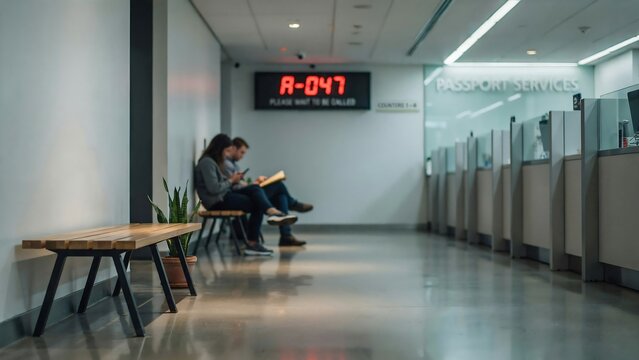 People waiting in a passport services office with a digital queue number display