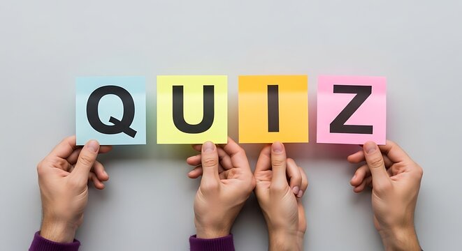 Hands holding colorful cards spelling the word quiz on a light gray background