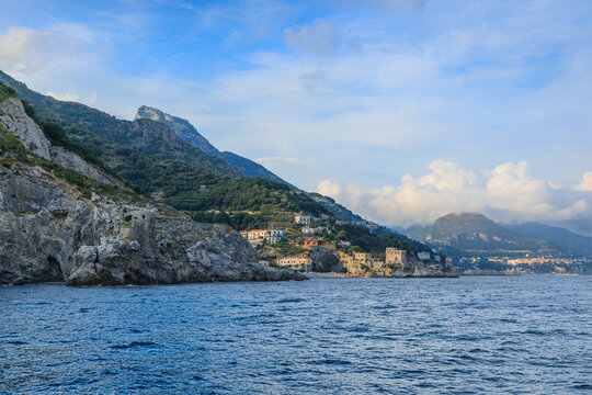 Amalfi Coast, southern Italy: glimpse of  Erchie townscape seen from the sea  with this small beach is enclosed between two Saracen watchtowers.