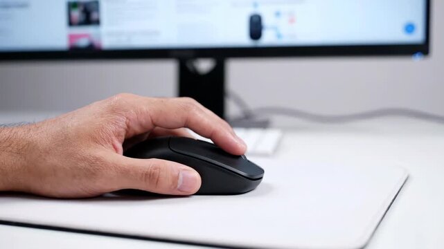 Human hand holding wireless computer mouse on modern office desk workspace, finger clicking for technology navigation at computer screen control