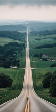 A long, paved road stretches through a landscape of rolling hills and green fields.