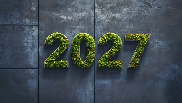 The year 2027 stamped in raw concrete and filled with vibrant green living moss