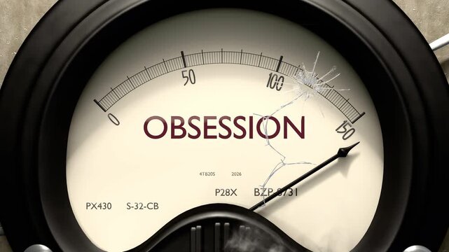 Obsession meter showing big levels of obsession. Dangerously increasing high values of obsession, critical overload. Too much, off the charts. Max obsession