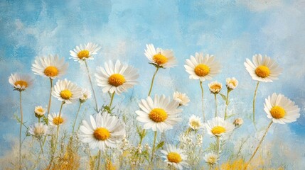 Fototapeta premium Delicate daisies in a painted sky backdrop.