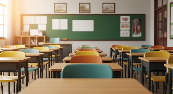 Empty classroom interior with rows of desks and a green chalkboard in a school setting