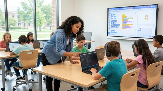 Diverse elementary students learn coding with a female teacher in a bright modern classroom, using laptops and a smartboard under natural light, ideal for STEM education marketing.