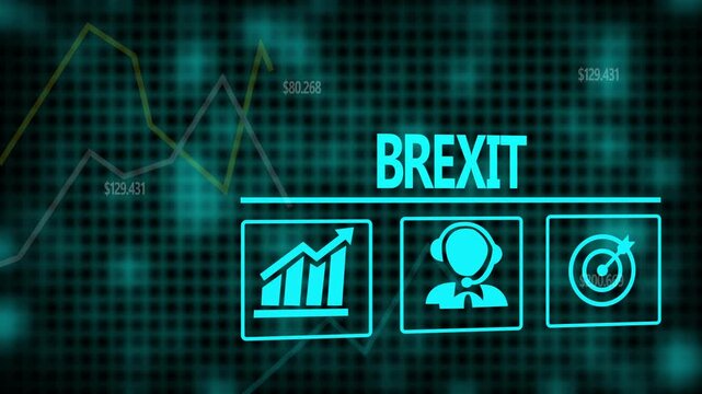 Brexit business concept on a flashing computer monitor with moving graphs and data.