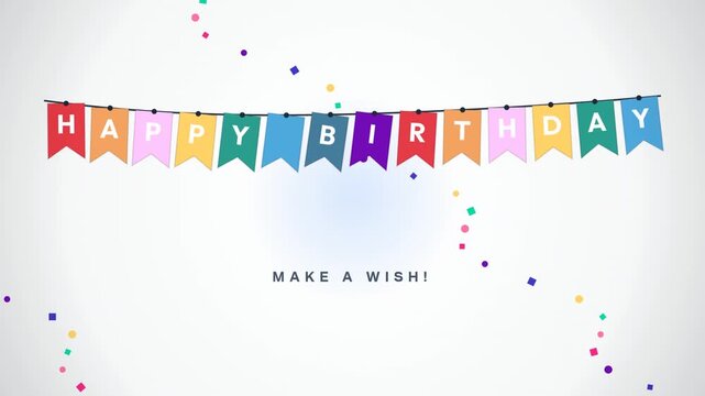 Premium 2D festive loops featuring "HAPPY BIRTHDAY" typography layouts, hanging bunting flag garlands, floating balloon decorations, and falling confetti elements with "MAKE A WISH" text. 