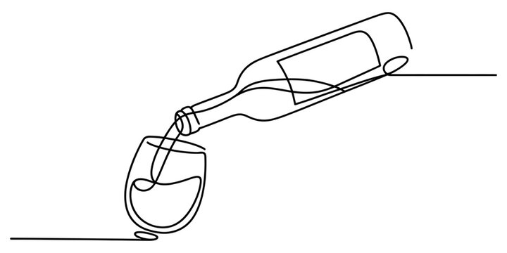 Continuous single line drawing of wine being poured from a glass bottle into a wine glass Vector, illustration