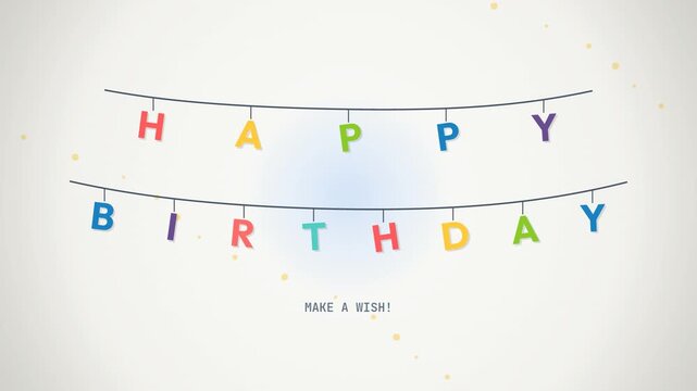 Premium 2D festive loops featuring "HAPPY BIRTHDAY" typography layouts, hanging bunting flag garlands, floating balloon decorations, and falling confetti elements with "MAKE A WISH" text. 
