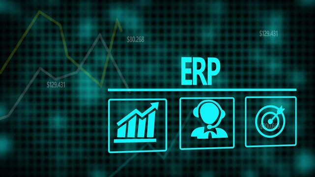A ERP business concept on a flashing computer monitor with moving graphs and data.