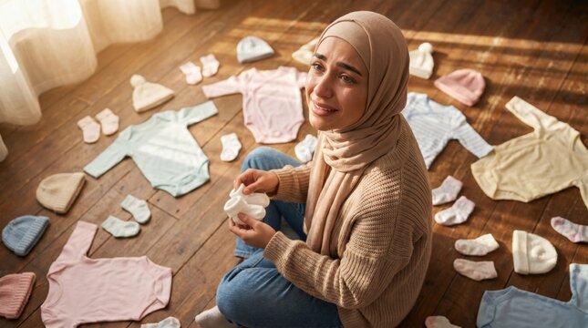 Happy pregnant Muslim mother wearing hijab holds tiny baby socks, sitting on cozy wooden floor surrounded by pastel baby clothing in warm golden sunlight, maternal expectancy concept.