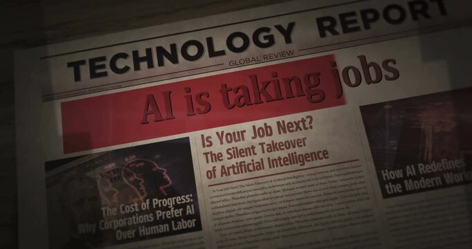 Ai is taking jobs breaking news. Artificial intelligence, layoff and job loss headline newspaper. Highlighting information media print with marked title.