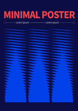 Minimalist geometric poster template with trendy blue zigzag pattern on dark navy background, Swiss style abstract flyer cover layout with editable text space