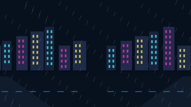Rainy night city skyline vector illustration with empty road