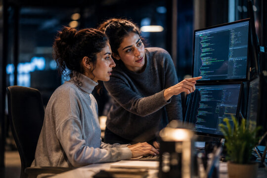 Two women working together at computer screens in modern office, focused on coding project