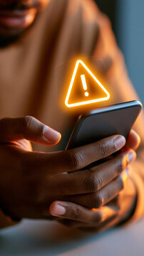 Cybersecurity warning icon hovering above a smartphone in a user's hands representing mobile security threats, phishing attacks, fraud prevention, and digital data protection.