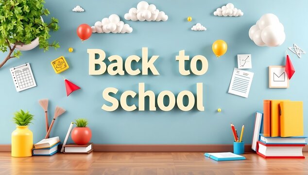 Back to school concept with colorful objects and supplies on a blue background