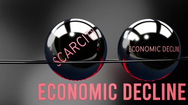 Overfishing, scarcity and economic decline in repeating, vicious circle. Overfishing causes higher levels of scarcity, which then triggers economic decline, which casues more overfishing. 