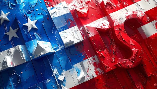 Abstract American flag background with textured red white and blue paint layers.