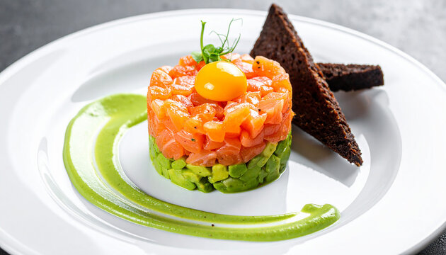 Fresh salmon tartare and avocado with egg yolk on top, swipe of wasabi aioli, black rye bread toast. Tasty food. Appetizing dish. Cooking and culinary concept. Close-up.