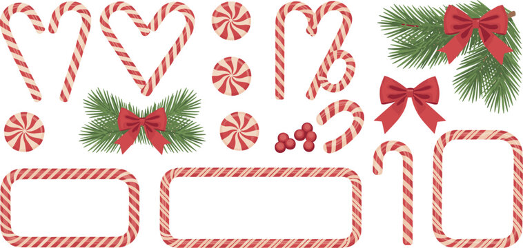 Christmas candy cane frames and winter holiday decorative elements featuring peppermint swirls, red bows, and evergreen pine branches.