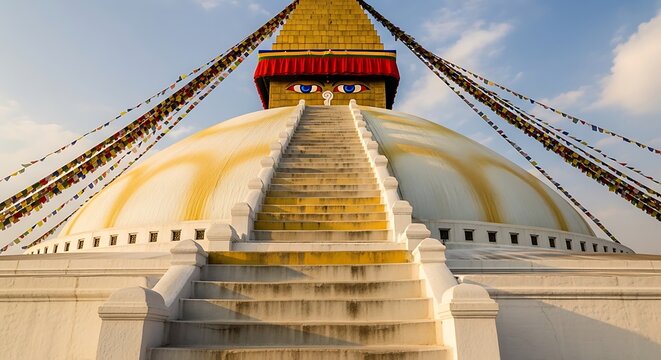 Buddhist stupa with prayer flags and watchful eyes under a clear sky