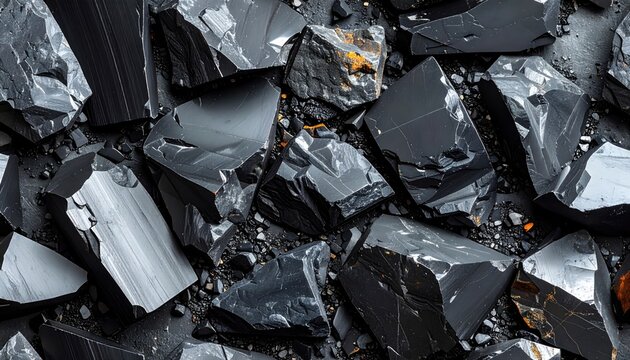 Close-up of rough, fractured black obsidian rock fragments.