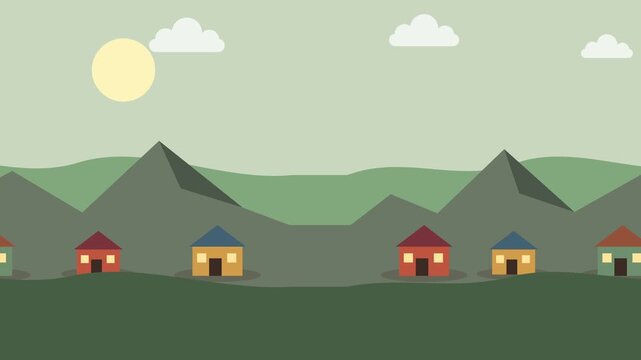 Cartoon village mountain landscape loop background animation. Parallax side scrolling
