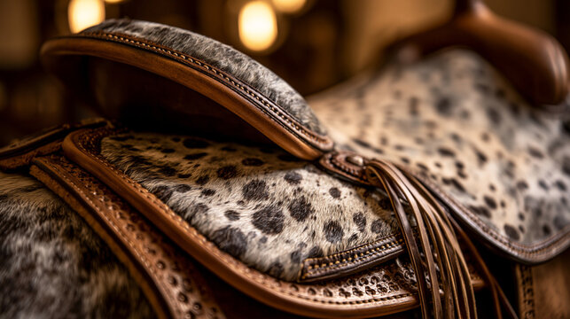 appaloosa. Close-up of a handcrafted leather saddle made from distinctive spotted horse hide. wildlife magazines, conservation campaigns, designed for wildlife conservation campaigns.