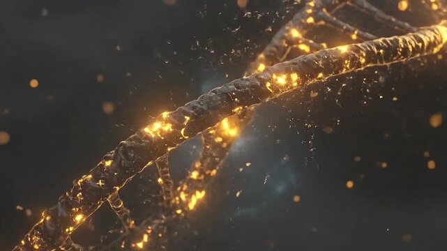 A glowing double helix structure floating in dark abstract space