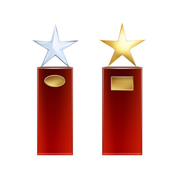 Two standing trophies featuring shiny silver and gold star toppers on red rectangular bases with metal plaques isolated on a transparent background