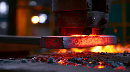 Glowing hot steel being forged under an industrial press with flying sparks in a metalworking factory. © Curioso.Photography