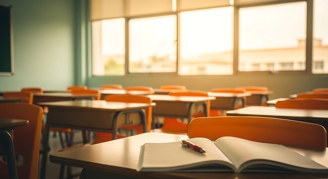 Empty classroom with orange desks and open book on table in soft sunlight