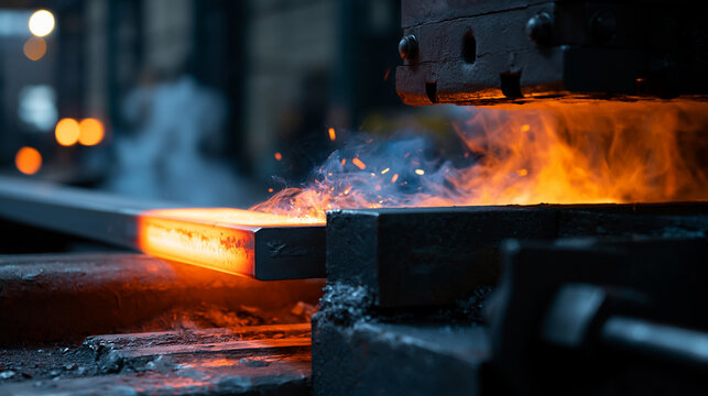 Glowing hot metal being forged under industrial press symbolizing steel processing heavy industry and manufacturing power