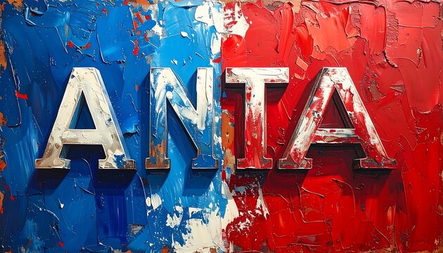 3D metallic ANTA letters on a vibrant blue and red painted textured wall.