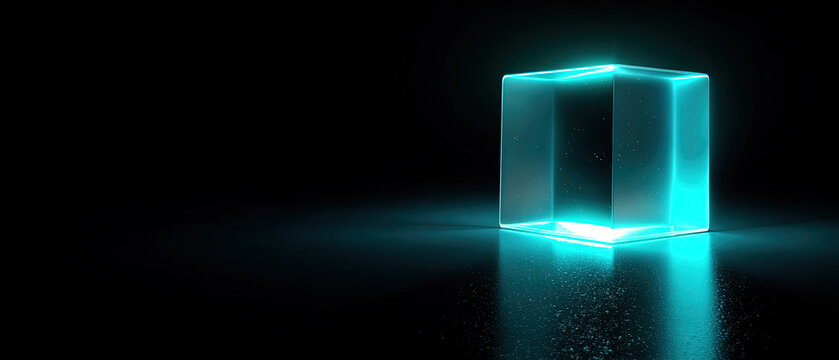 A luminous glass cube emits a soft blue glow on a dark reflective surface, creating a modern and futuristic atmosphere.
