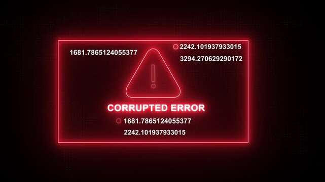 Neon red corrupted error system warning sign with flickering digital data streams and abstract mathematical code overlays for cybersecurity breach, software failure, or critical network security alert