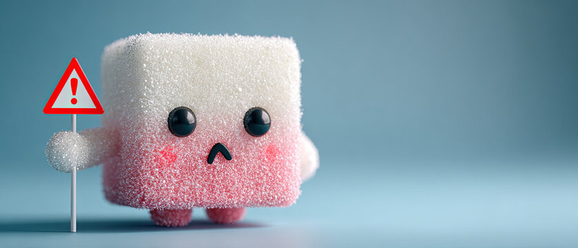 Cute sugar cube character with sad face holding a warning sign, isolated on blue background. Perfect for health, diet, and food concepts.