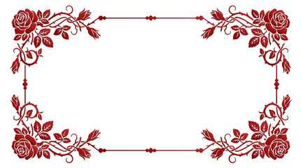 Fototapeta premium A stunningly detailed crimson red floral border encompasses a vast white rectangular canvas, beautifully decorated with blooming roses, fragile buds, sharp protective thorns, and twisting leafy vines.