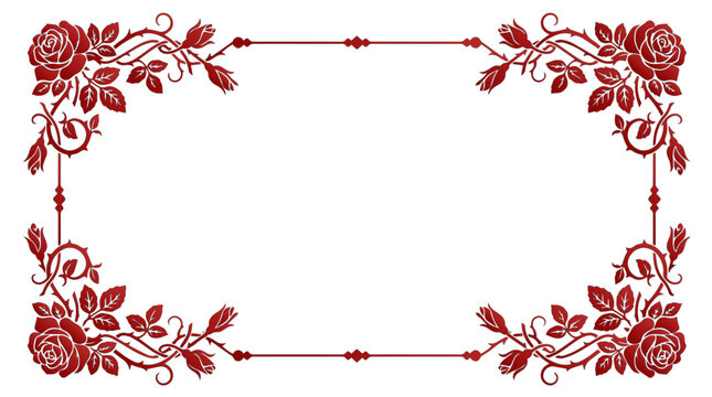 A stunningly detailed crimson red floral border encompasses a vast white rectangular canvas, beautifully decorated with blooming roses, fragile buds, sharp protective thorns, and twisting leafy vines.