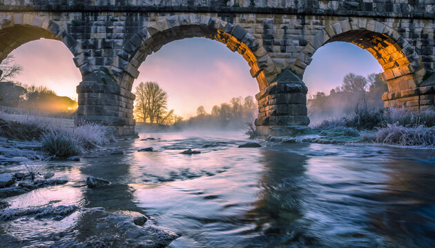 Sunlit Stone Arch Bridge Over Misty River at Sunset.
