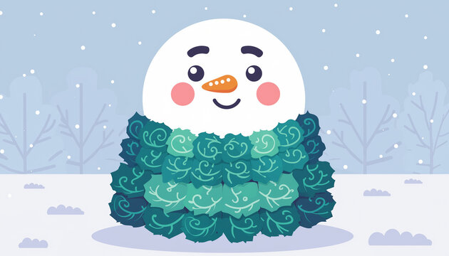 Playful Snowman Wrapped in Teal Scarf in Winter Scene.